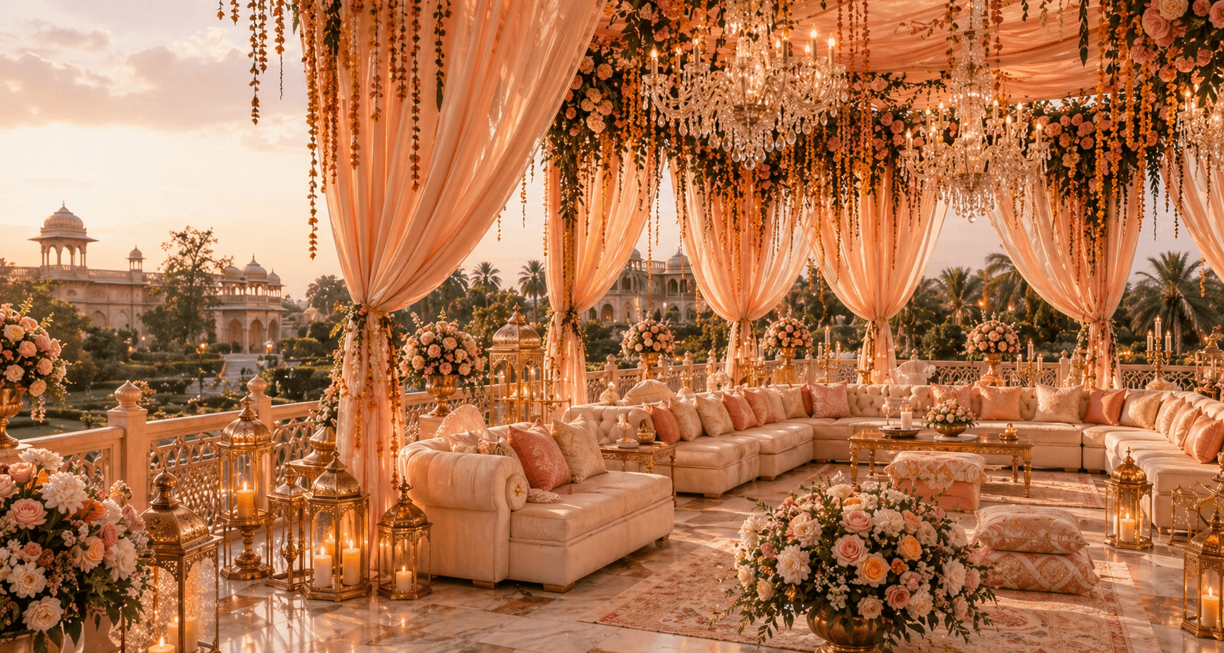 A blush and antique-gold luxury wedding terrace with florals, drapery, candles, and palace gardens